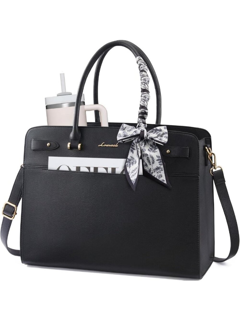 Stylish 15.6" Faux Leather Laptop Tote Bag, Waterproof Work Briefcase for Women